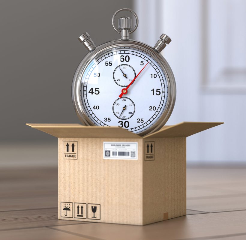Express delivery concept. Stopwatch and cardboard box on the floor in front of open door. 3d illustration