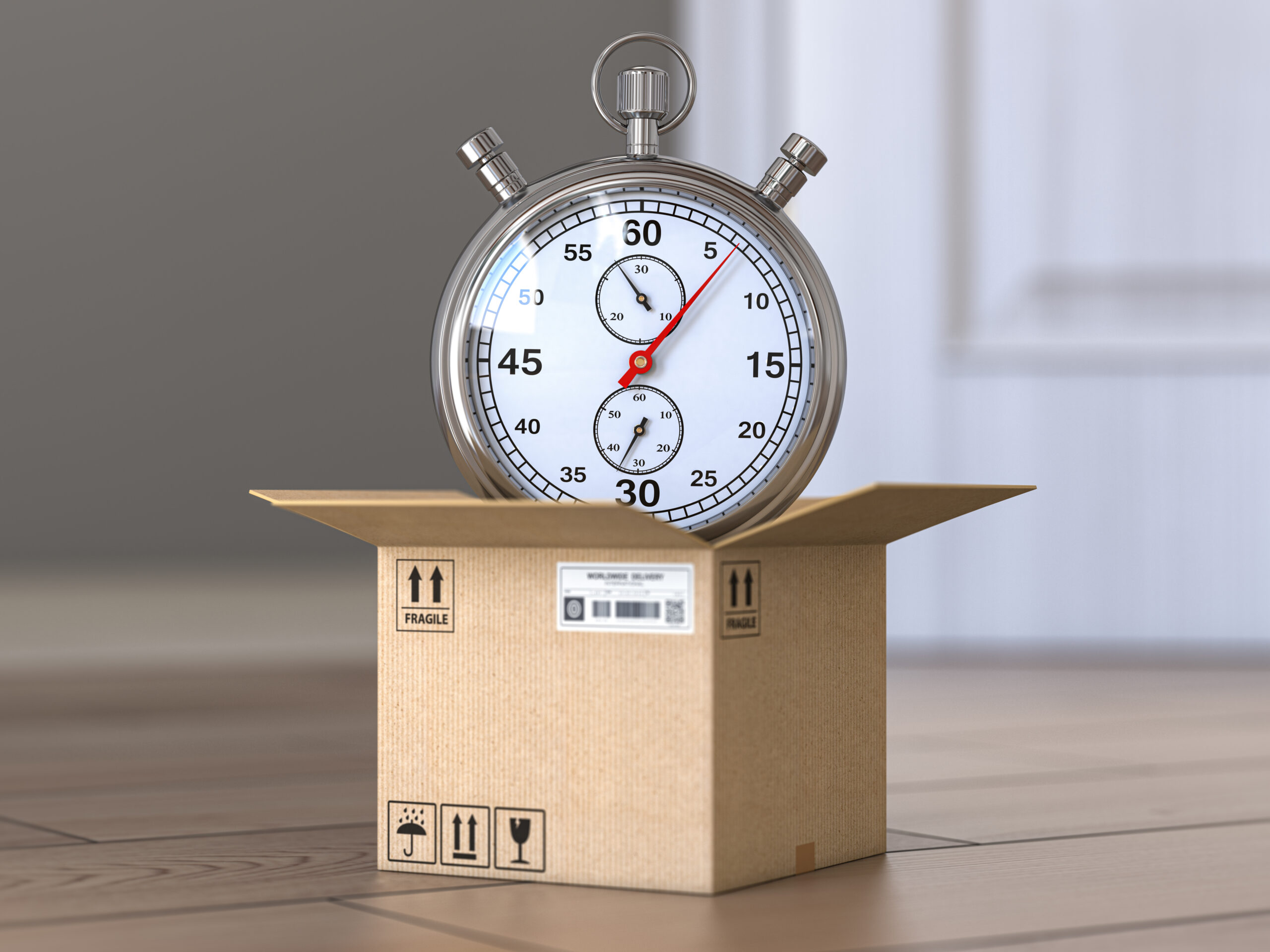 Express delivery concept. Stopwatch and cardboard box on the floor in front of open door. 3d illustration